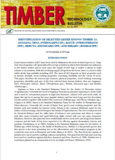 Picture of Identification of Selected Lesser Known Timber 13: Angsana/Sena (Pterocarpus sp.), Bayur (Pterospermum spp.), Bebuta (Excoecaria spp.) And Kekabu (Bombax spp.)